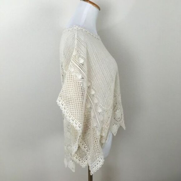 Sparrow Anthropoligie Scalloped Crochet Poncho Cream Loose Knit Sz XS/S NEW - Picture 7 of 9